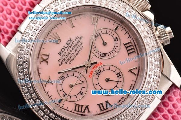 Rolex Daytona Oyster Perpetual Automatic Movement Silver Case with Beige Dial-Roman Markers and Pink Leather Strap-Diamond Bezel - Click Image to Close